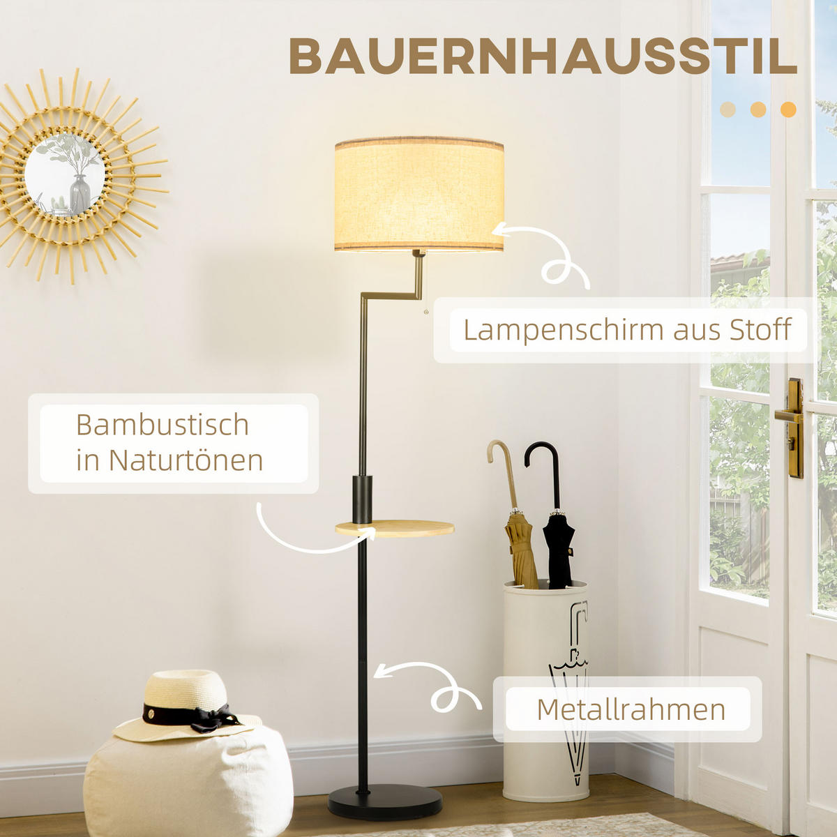 STEHLEUCHTE, Stehlampe mit Ablage, 40 W Standlampe mit USB-Anschluss, Creme - Weiß, Metall (40/40/170cm) - HOMCOM