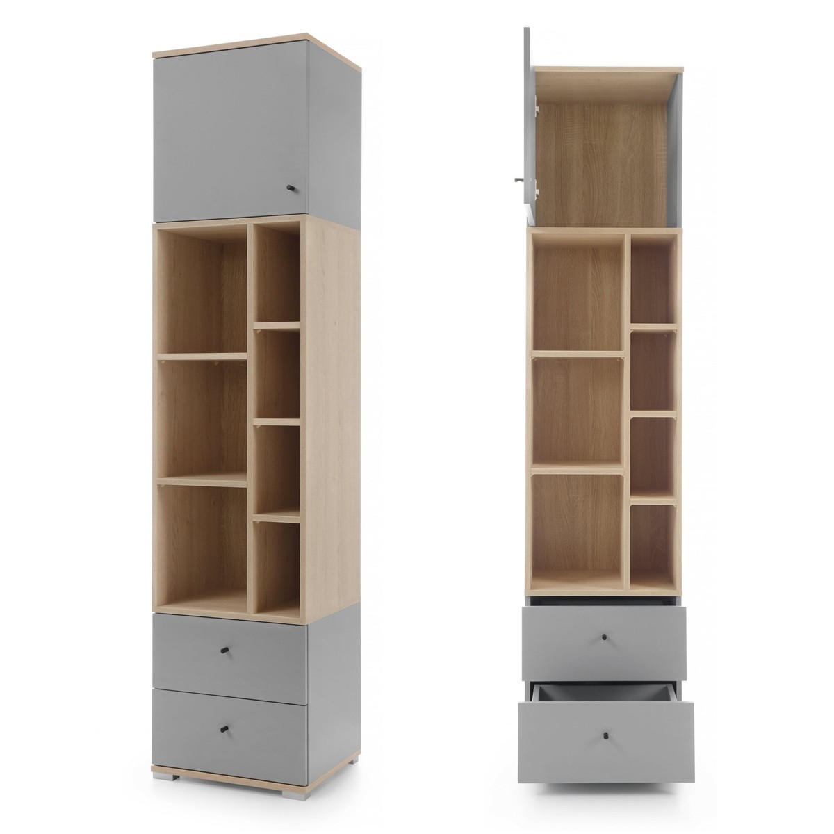 JUGENDZIMMER Oriel Set B mit Bett 120 x 200 - 6-teilig - Platingrau / Biskuit-Eiche - Eichefarben/Schwarz, Holzwerkstoff/Metall (124/80/224cm) - QMM TraumMöbel