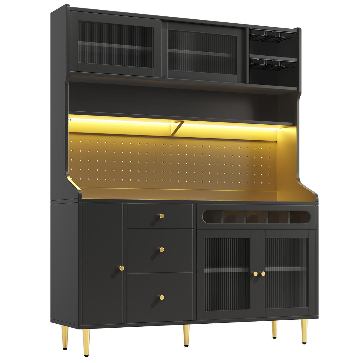 KÜCHENSCHRANK in Schwarz mit LED, verstellbaren Böden, Schublade und Weinregal für Esszimmer,B145/T39/H171cm - Goldfarben/Schwarz, Glas/Holzwerkstoff (145/171/39cm) - STILVORA