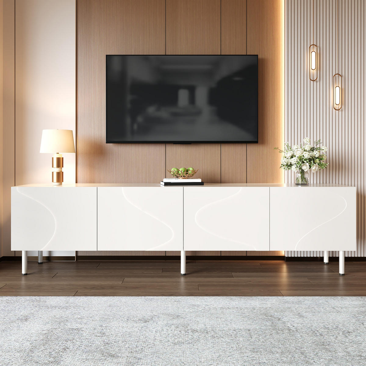 TV-LOWBOARD 170 x 35 x 50 cm, 4 Push-to-Open-Türen, 3D-Wellenfront, Metallfüße, Weiß - Weiß, Holzwerkstoff (170/50/35cm)
