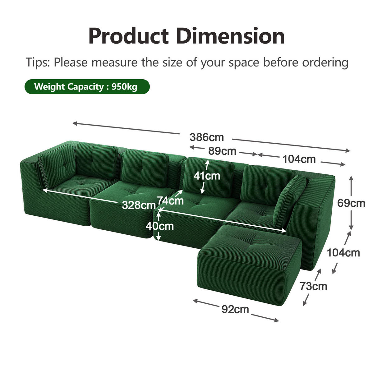 ECKSOFA 386/177/69 cm grün aus Cord mit modularem Design und tiefer Sitzfläche - Grün, Textil (177/386cm) - OKWISH