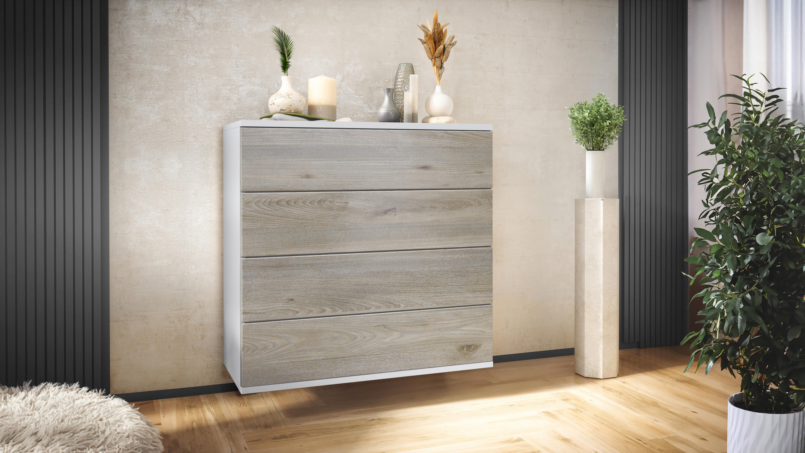 KOMMODE Pavos Eiche Nordic - Silbereichenfarben, Holzwerkstoff (76/76/35cm) - Vladon