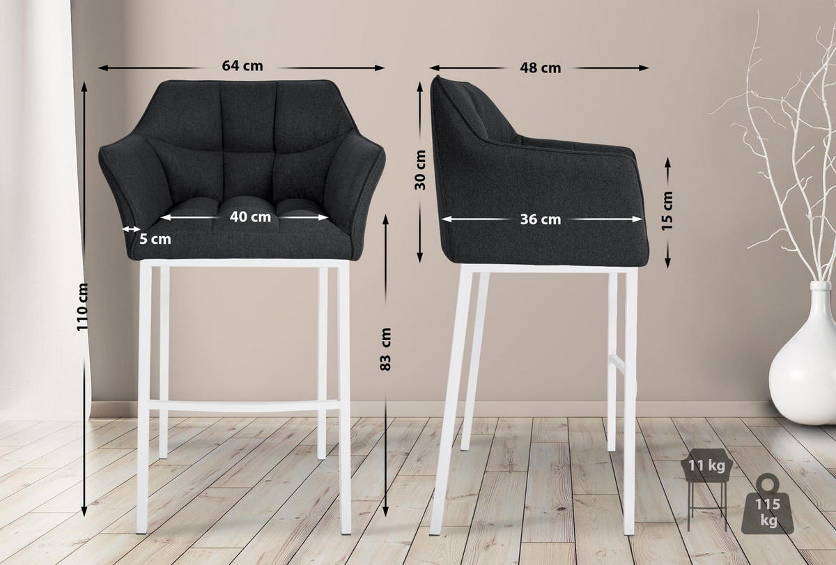 BARHOCKER Filz Anthrazit - Anthrazit/Weiß, Textil/Metall (64/110/48cm) - CLP