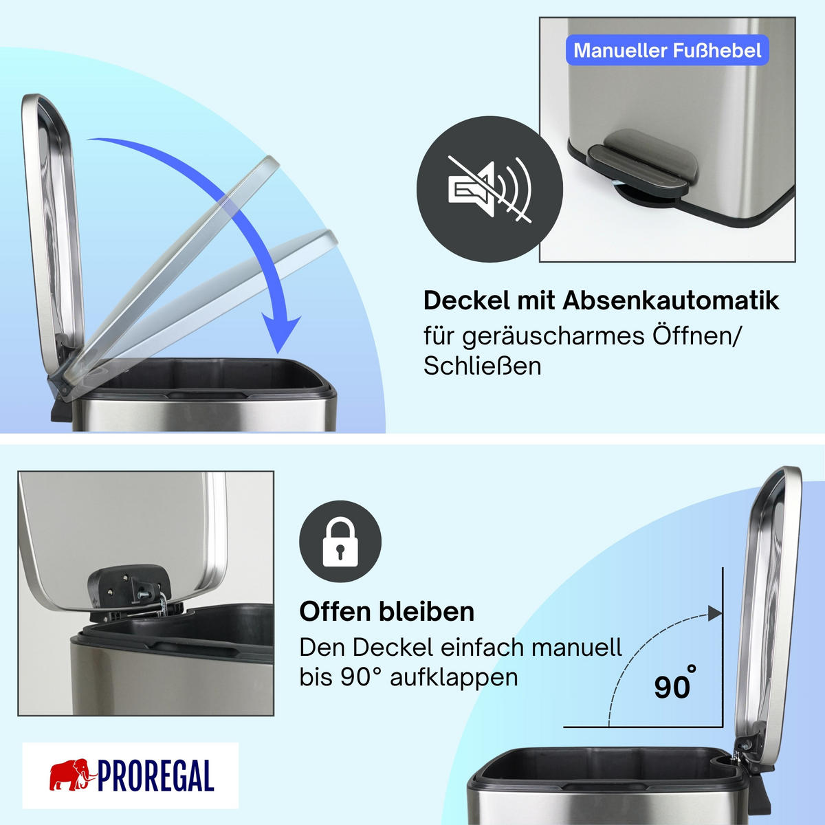 MÜLLEIMER 50 Liter mit Softclose & Fußpedal - Silberfarben, Metall (41.5/67.5/49cm) - PROREGAL