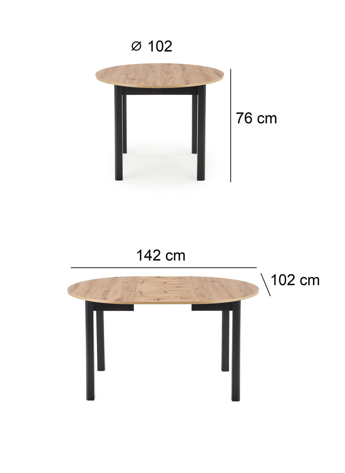 ESSTISCH rund Eiche Artisan - Schwarz ausziehbar - Schwarz/Eiche Artisan, Holzwerkstoff (102/102/76cm) - designimpex