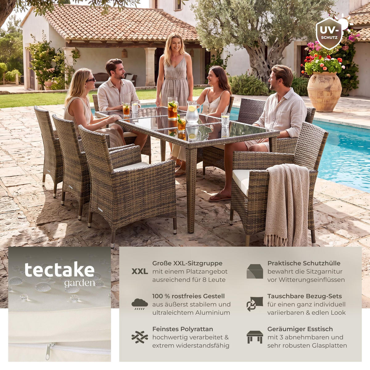 RATTAN-SITZGRUPPE aus Aluminium Menorca, inklusive Schutzhülle, natur - Naturfarben, Kunststoff - tectake