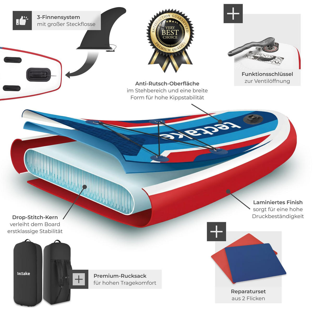 STAND-UP PADDLE BOARD Poseidon, Belastbarkeit 200 kg, inklusive Kajak-Sitz, rot/blau - Rot, Kunststoff (288/77/0.23cm) - tectake