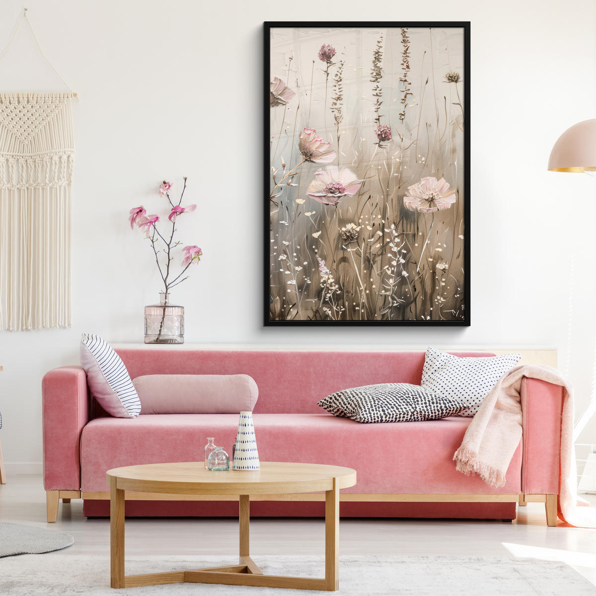 GERAHMTES BILD Blumen - Rosa - Modern - Beige 80x120 cm - Beige, Papier (80/120cm) - MuchoWow