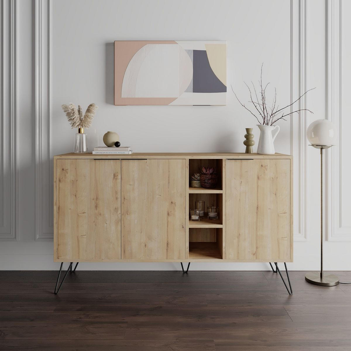 BUFFET 3 Nischen und 3 Türen L142 cm - Clara - Eichefarben, Holzwerkstoff (35.6/83/142cm) - Calicosy