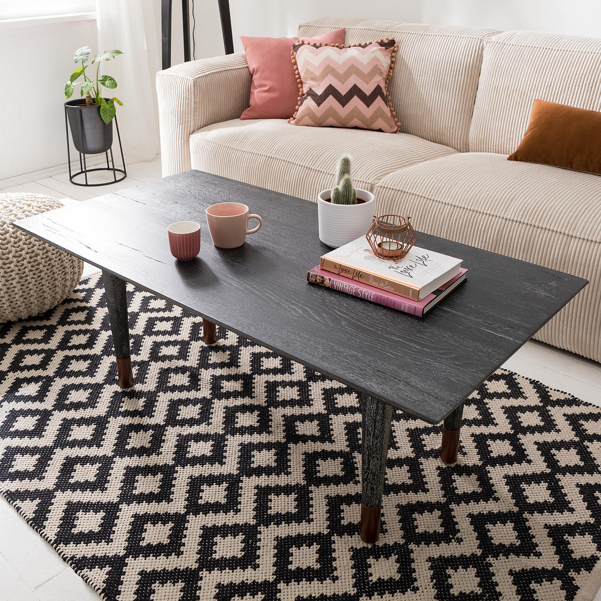 COUCHTISCH - Massivholz - Eiche Schwarz - Eichefarben/Schwarz, Holz/Metall (60/120/47cm) - home24