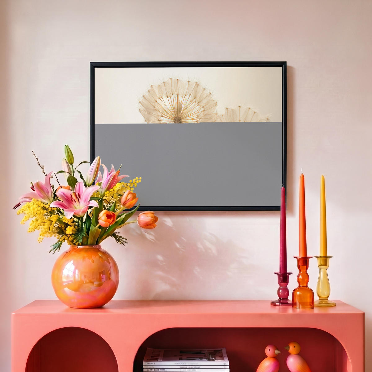 LEINWAND Bilder mit Rahmen - Sonnenlicht - Löwenzahn - Botanisch - Blumen - 40x30 - Creme, Textil (40/30cm) - MuchoWow