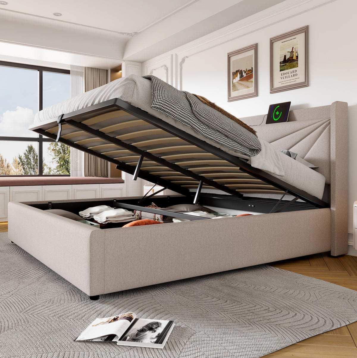 POLSTERBETT 160/200 cm Beige aus Baumwolle, Leinen und Metall mit Bettkasten - Beige, Textil (160/200cm) - OKMYHOME