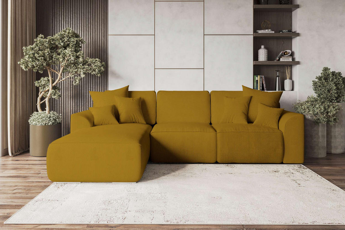 ECKSOFA GUSTO Cordstoff Goldfarben Links inkl. Schlaffunktion - Chromfarben/Goldfarben, Kunststoff/Textil (295/194cm) - 99rooms