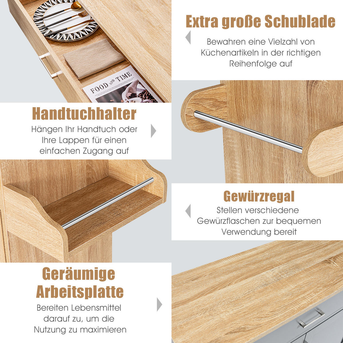 KÜCHENWAGEN Holz Natur - Weiß, Holz (40/85/116cm) - COSTWAY