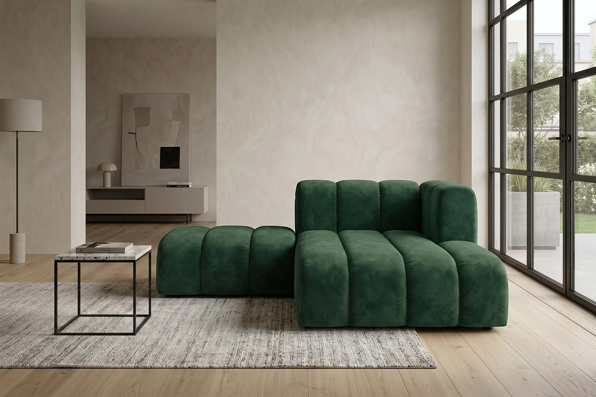 CHAISELONGUE Modulare Mit Hocker, Velvet-Stoff Riviera, Grün, Rechts, GRAND - Grün, Holz (204/179cm) - Kaiser Möbel