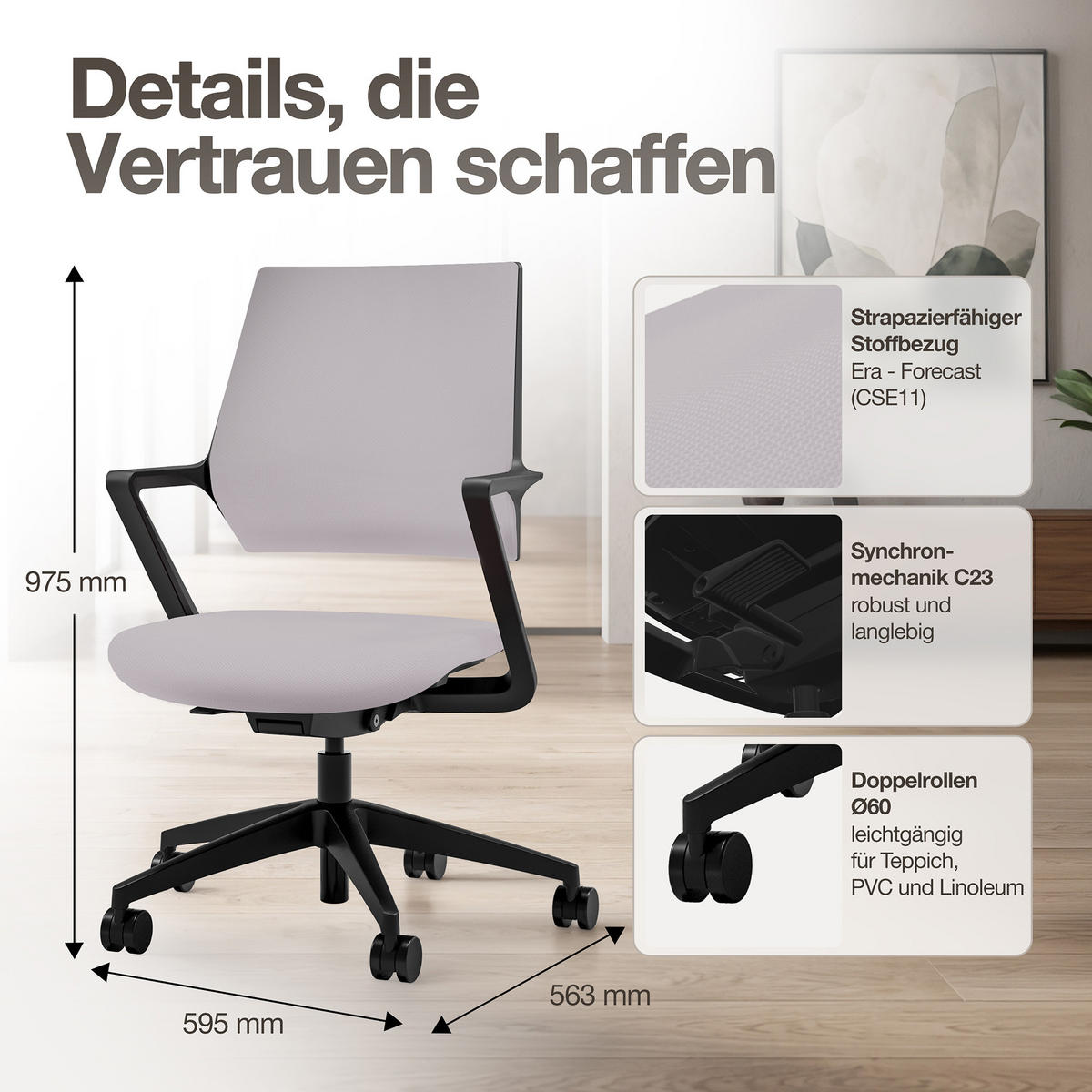 DREHSTUHL Ergonomischer Bürostuhl Asolo mit Polsterrücken / Hellgrau Ergonomischer Polsterrücken - Hellgrau, Textil (59.5/97.5/45cm) - ASSMANN