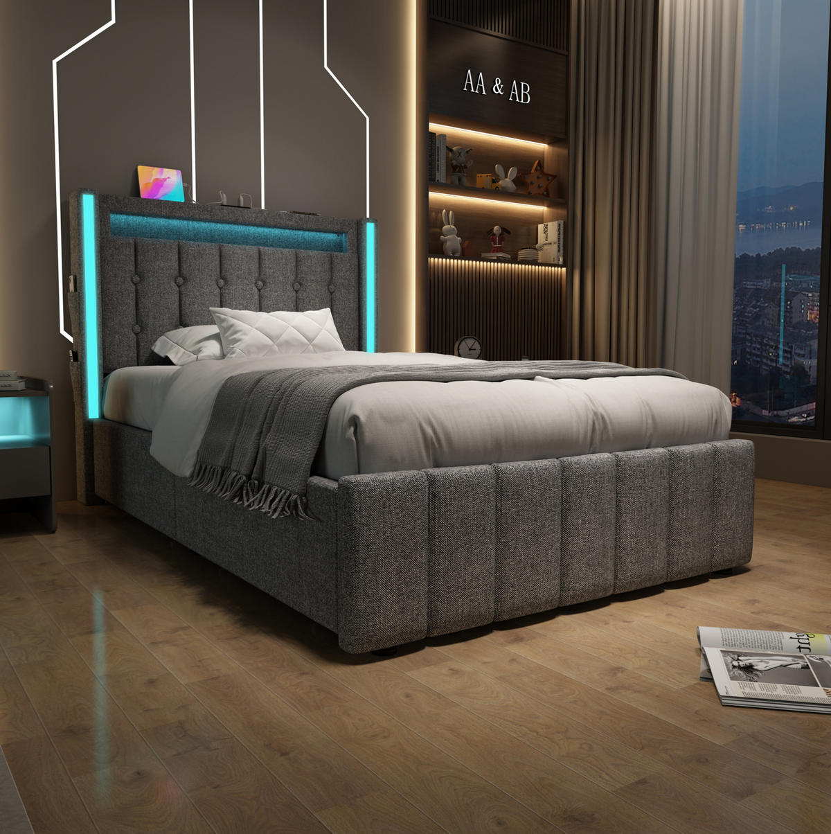 POLSTERBETT aus Leinen 90x200 cm in Grau mit LED-Beleuchtung & Matratze - Grau, Textil (90/200cm) - Modfu