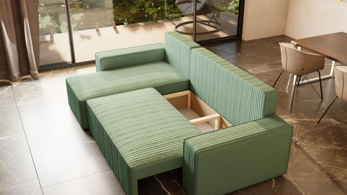 ECKSOFA Tobi mit Bettkasten und Schlaffunktion, L-Form/XL-Form, Cordstoff, Universal - Mintgrün, Holzwerkstoff (246/145cm) - 4ALL HOME
