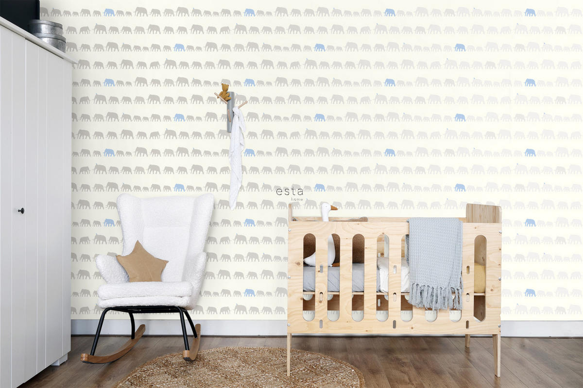 TAPETE Elefanten 53 cm x 10.05 m - Blau, Papier (53/0.1cm) - ESTAhome