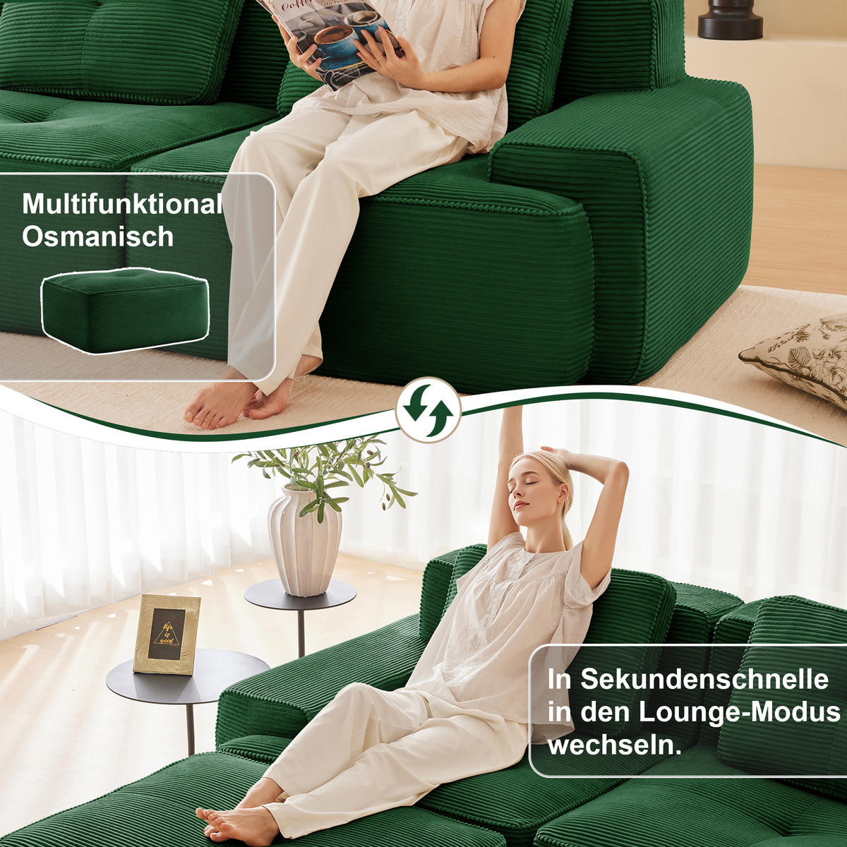 3-SITZER SOFA cord montagefrei & extratiefer sitz - Grün, Textil (293/69/104cm) - Urban Meuble
