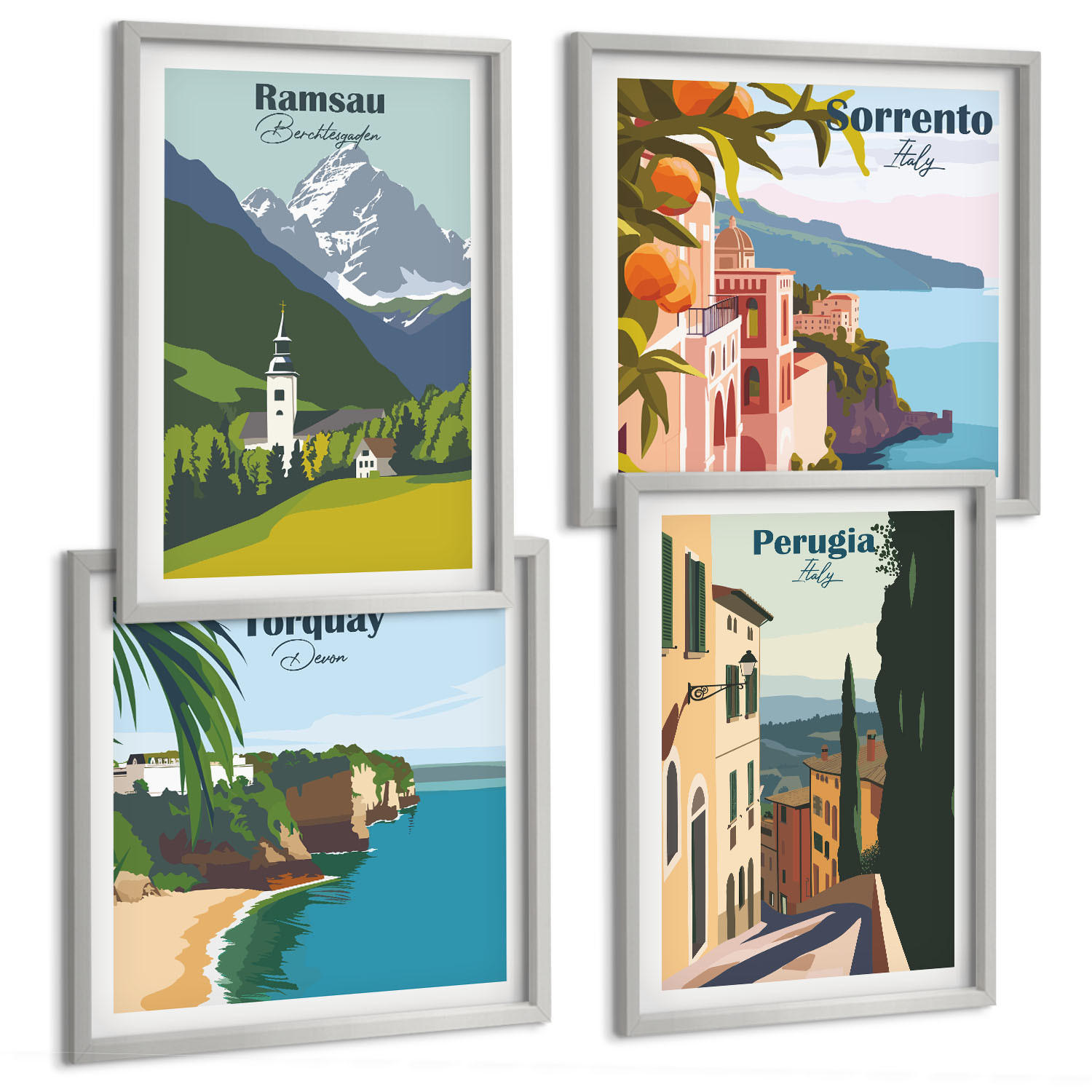 BILDER SET 4er Set - 50x50 cm & 40x60 cm Silberner Rahmen - Berglandschaften und Städte - Silberfarben, Kunststoff (50/50cm) - TULUP