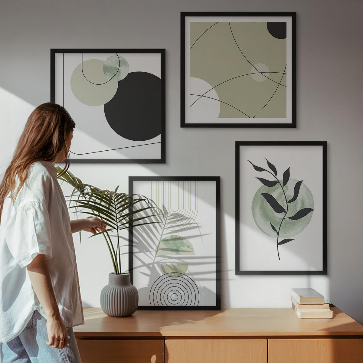 BILDER SET 4er Set - 50x50 cm & 40x60 cm Schwarzer Rahmen - Abstrakte Pflanzenmotive - Schwarz, Kunststoff (50/50cm) - TULUP