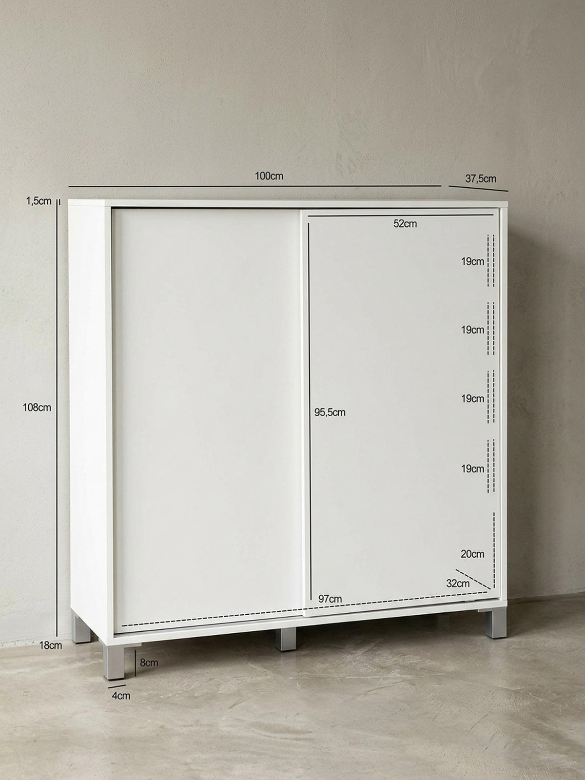 SCHUHSCHRANK Holz für 20 Paar Schuhe mit Schiebetüren, Weiß 100x38x108 cm - Silberfarben/Weiß, Holz/Kunststoff (100/108/38cm) - KADIMA DESIGN