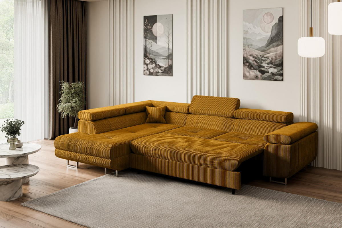 ECKSOFA mit Schlaffunktion und Bettkasten GUSA-L 272x202x107 cm Senfgelb Cord - Gelb/Silberfarben, Holzwerkstoff/Textil (202/272cm) - ALTDECOR