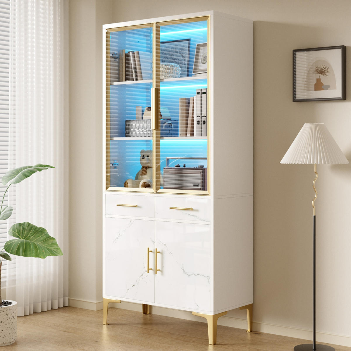 KÜCHENSCHRANK75/170/38 cm, Weiß Hochglanz, Marmoroptik, MIT LED BELEUCHTUNG, für Wohnzimmer und Esszimmer - Weiß, Holzwerkstoff (38/170/75cm) - Rolipo
