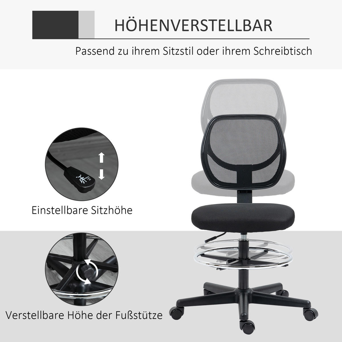 BÜROSTUHL, Ergonomischer, Schwarz - Schwarz, Textil (61/113/59cm) - Vinsetto