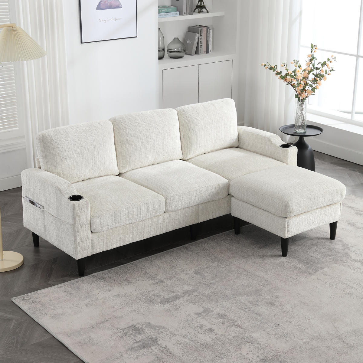 ECKSOFA 163/121/66 cm Beige mit 1 Aufbewahrungshocker, Aufbewahrungstasche und Getränkehalter - Beige, Textil (196.5/75cm) - Oxeza