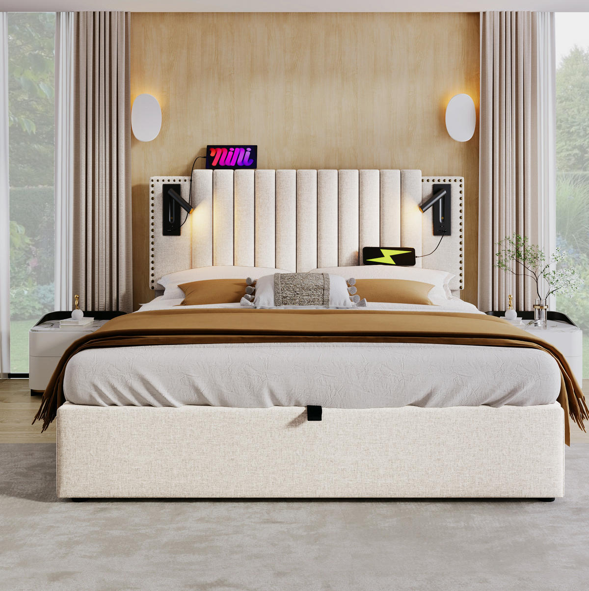 POLSTERBETT mit Bettkasten 180x200 cm Beige mit USB und Leselicht - Beige, Metall (180/200cm) - Meubliv