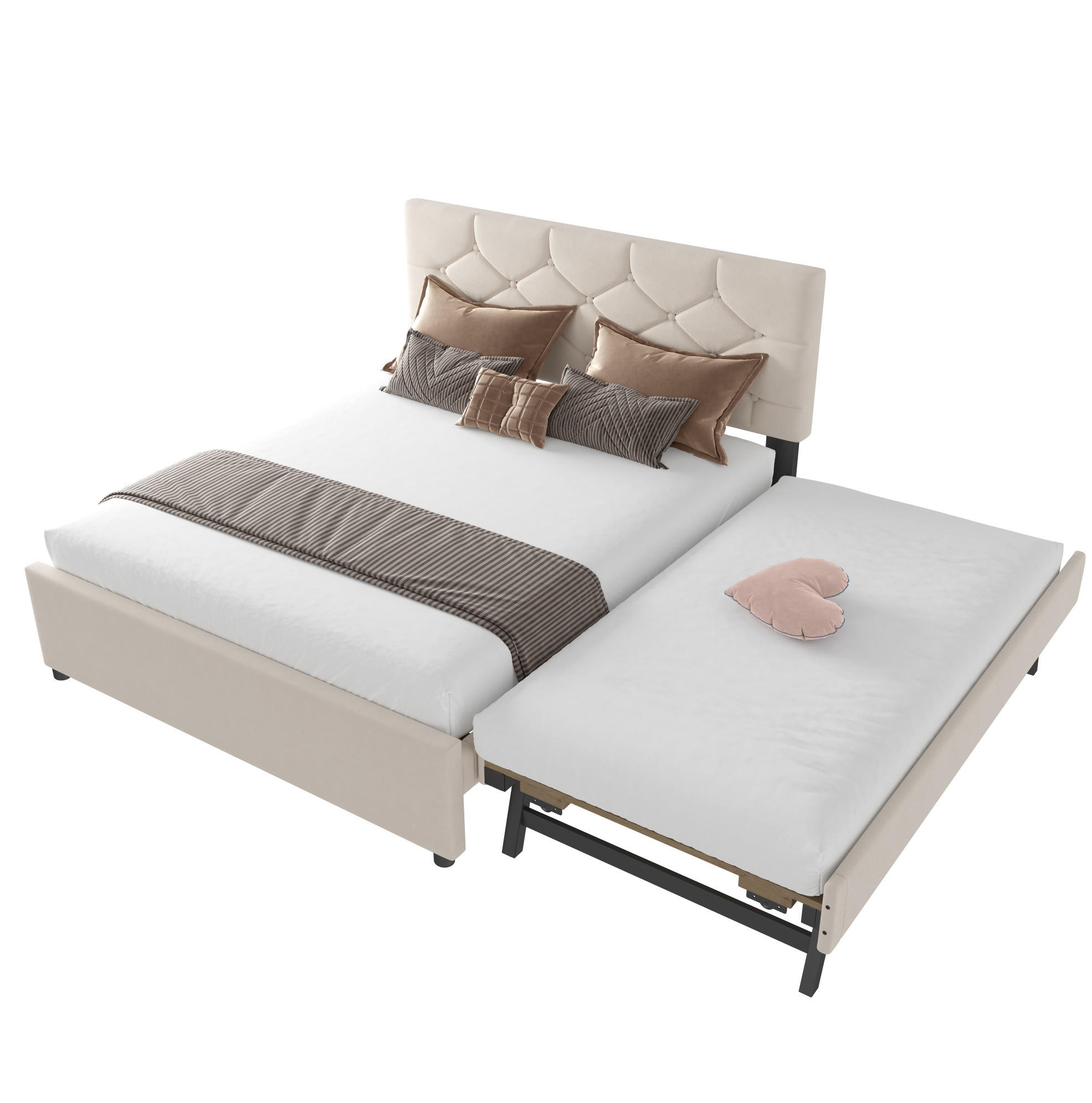 SAMT-POLSTERBETT 140/200 cm mit Rollbett und Lattenrost, Beige - Beige, Textil (140/200cm) - BEAOK
