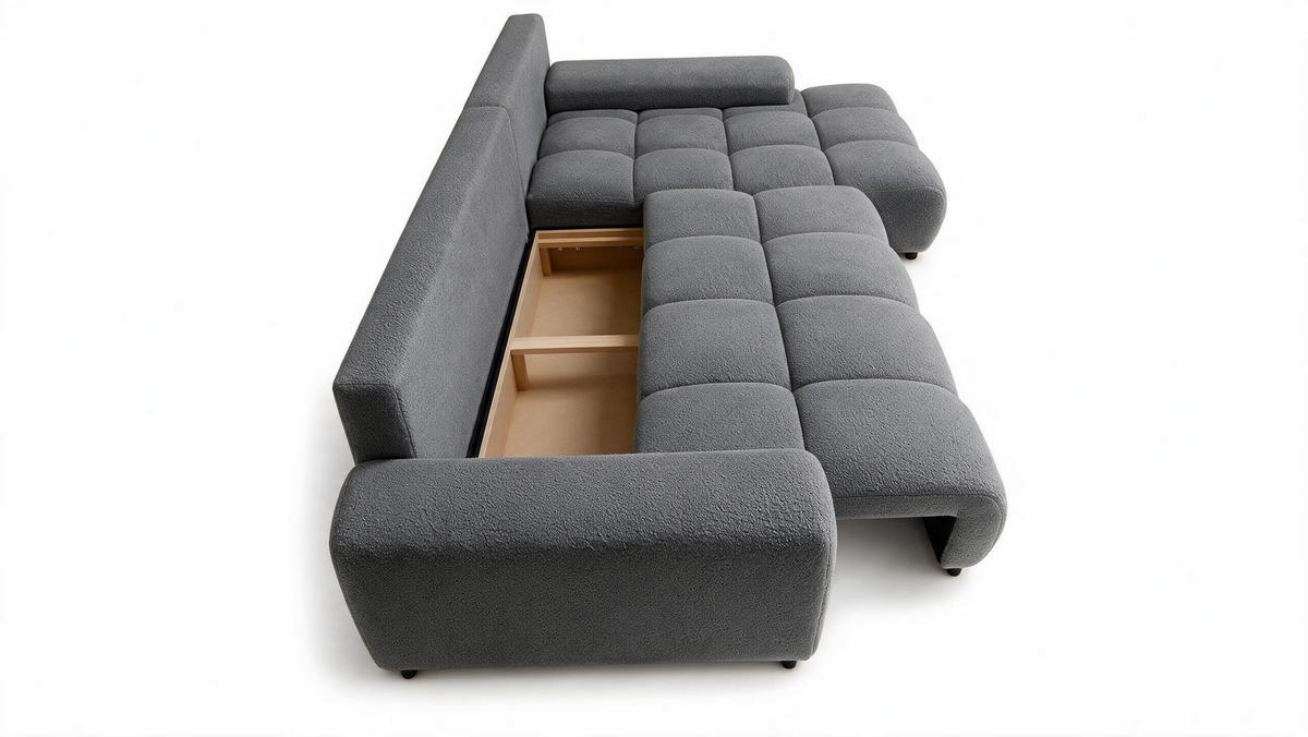 ECKSOFA Ovia mit Bettkasten und Schlaffunktion, Bouclé-Stoff in L-Form - Dunkelgrau, Textil (270/185cm)