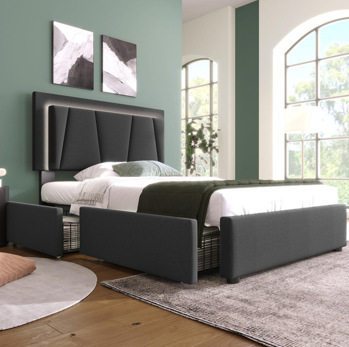 POLSTERBETT 90/200 cm mit LED-Beleuchtung, 2 Schubladen & verstellbarem Kopfteil, Grau - Grau, Holz (90/200cm) - Redom