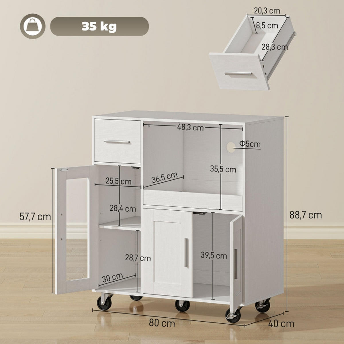 SERVIERWAGEN DE-41480 80/40/88,7 cm, ausziehbares Tablett, 5 Rollen Weiß - Weiß, Holzwerkstoff (80/88.7/40cm) - ComfortXL
