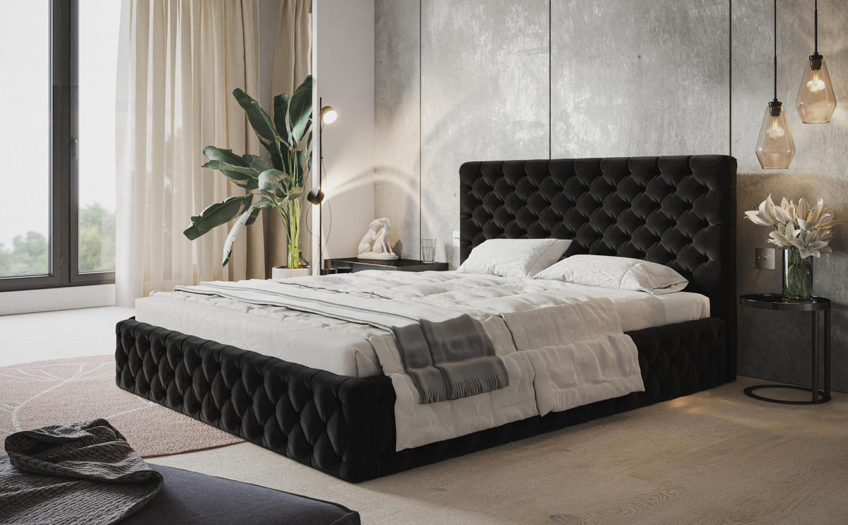 POLSTERBETT MIAMI SLIM, 120 x 200 cm mit Bettkasten und Lattenrost aus Holz, Farbe: Schwarz, Velourestoff - Schwarz, Holz/Kunststoff (120/200cm) - Alpi-Möbel
