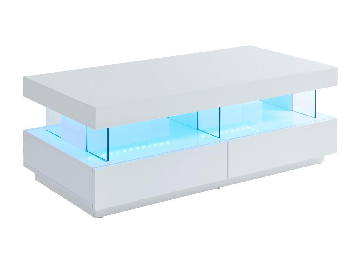 COUCHTISCH mit 2 Schubladen & 2 Ablagen + LEDs - MDF lackiert - Weiß - FABIO - Weiß, Holz (120/60/42cm) - Vente-Unique