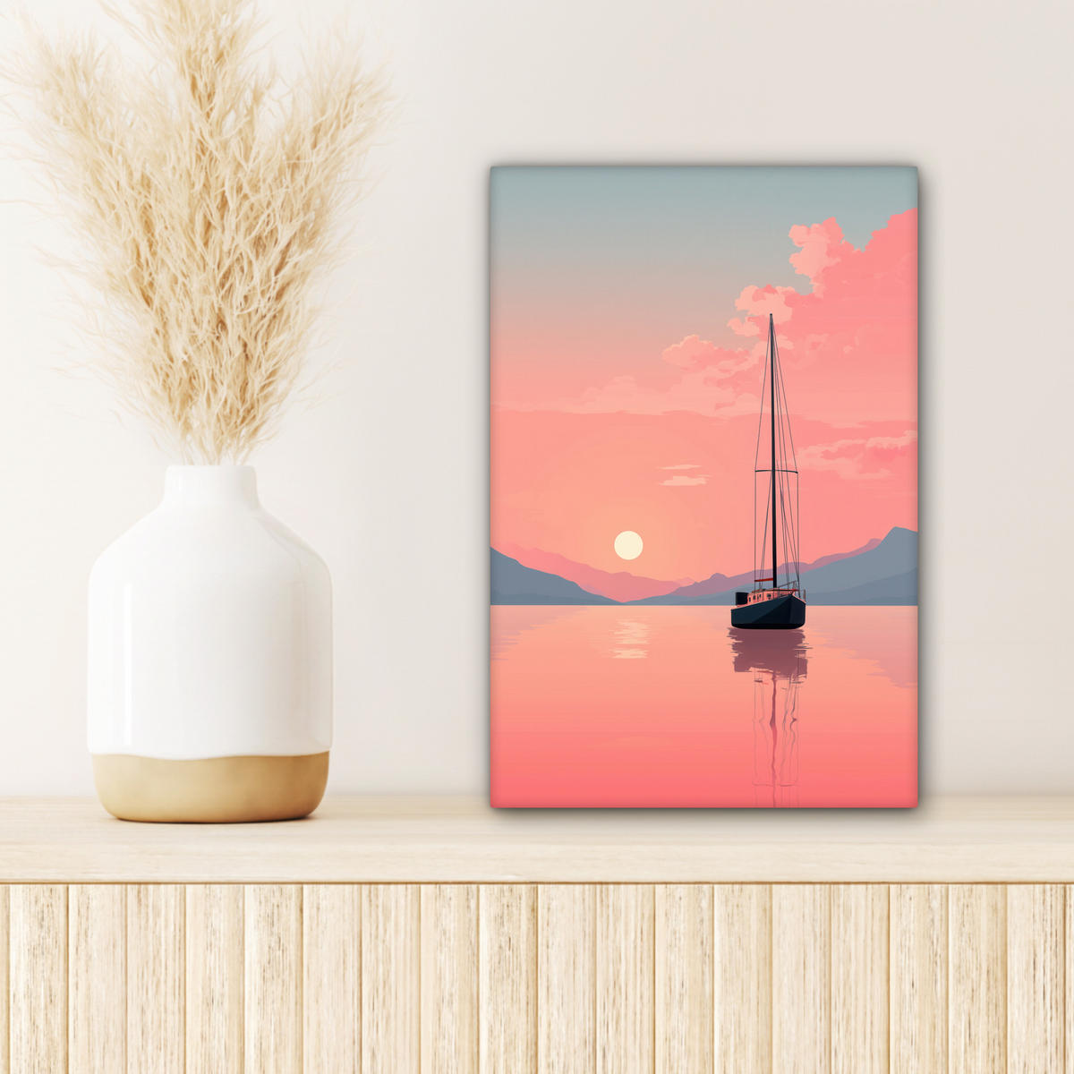 LEINWANDBILD Segelboot - Rosa Meer - Sonnenuntergang - Berge Deko Wohnzimmer 20x30 cm - Rosa, Textil (20/30cm) - MuchoWow
