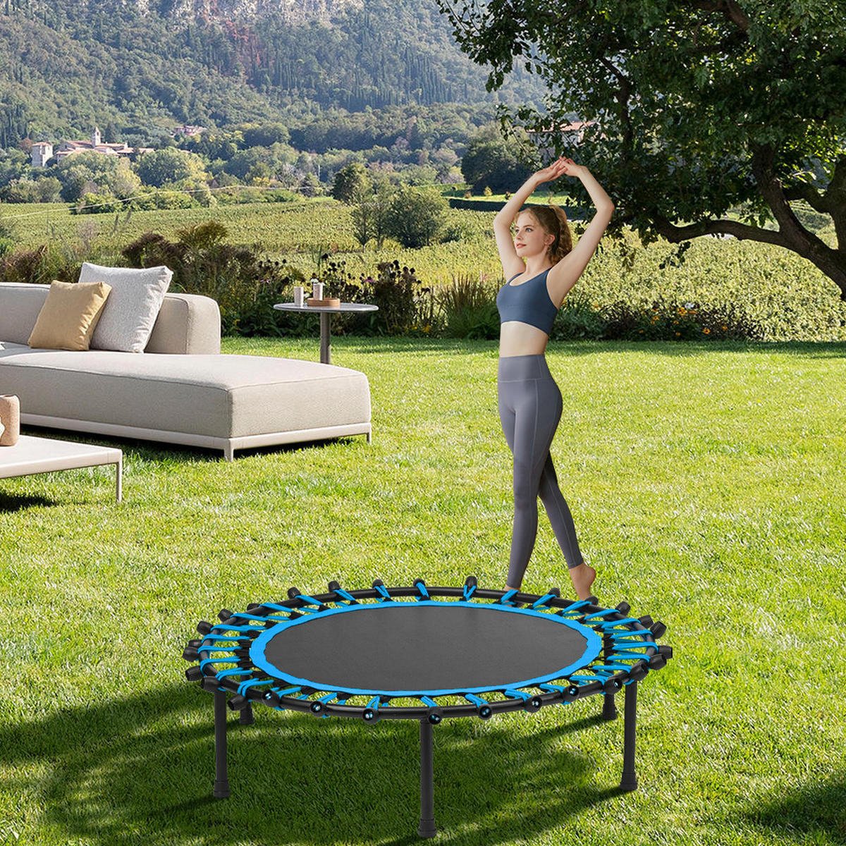 40-ZOLL-RUNDTRAMPOLIN mit Gummiseilen aus Stahl, Oxford-Gewebe, Gummiseile in Schwarz Blau Langlebig und sicher Stabil und leise 25 x 101 x 101cm - Blau, Metall (101/101cm) - Livingandhome