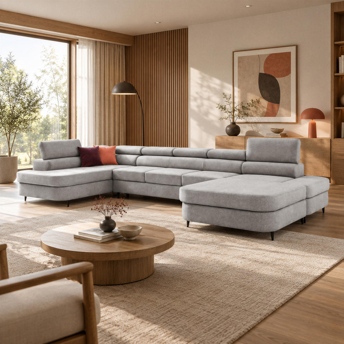 ECKSOFA U-Form PRIAM MAXI U Links mit Schlaffunktion 125x317 Velours Hellgrau - Hellgrau/Schwarz, Holz/Textil (203/91/400cm) - Muffo