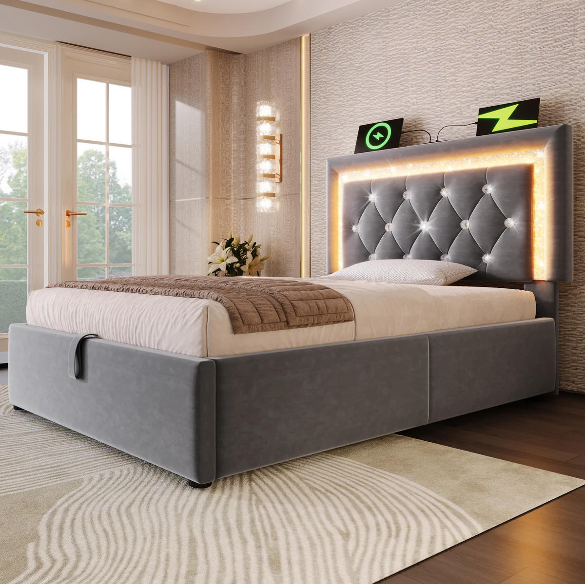 SAMT-POLSTERBETT 90/200 cm mit LED-Beleuchtung, Bettkasten & USB-C in Grau - Grau, Textil (90/200cm) - BEAOK