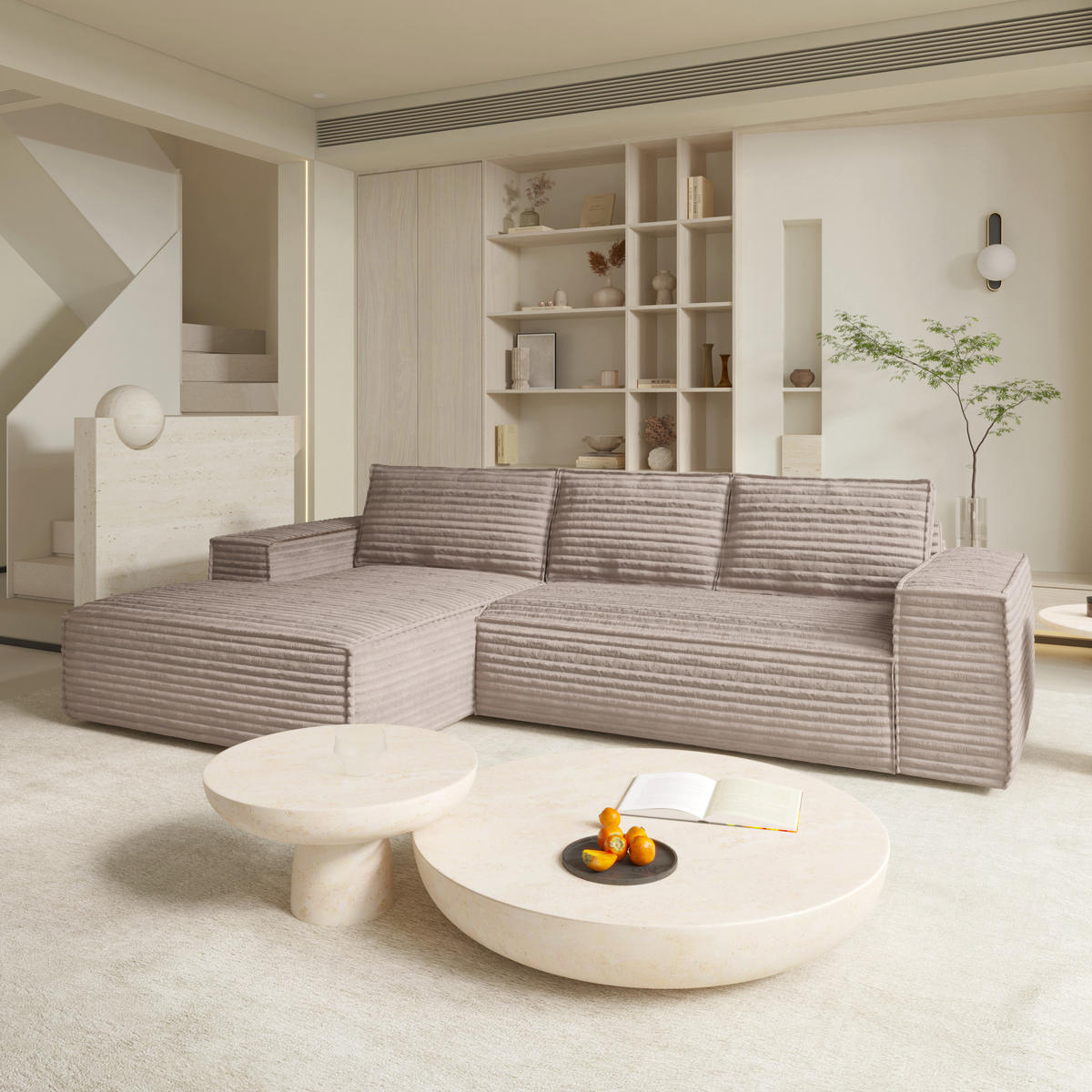 ECKSOFA LINKS Gerippter Samt Taupe 302cm - Taupe, Textil (165/302cm) - Sia Home