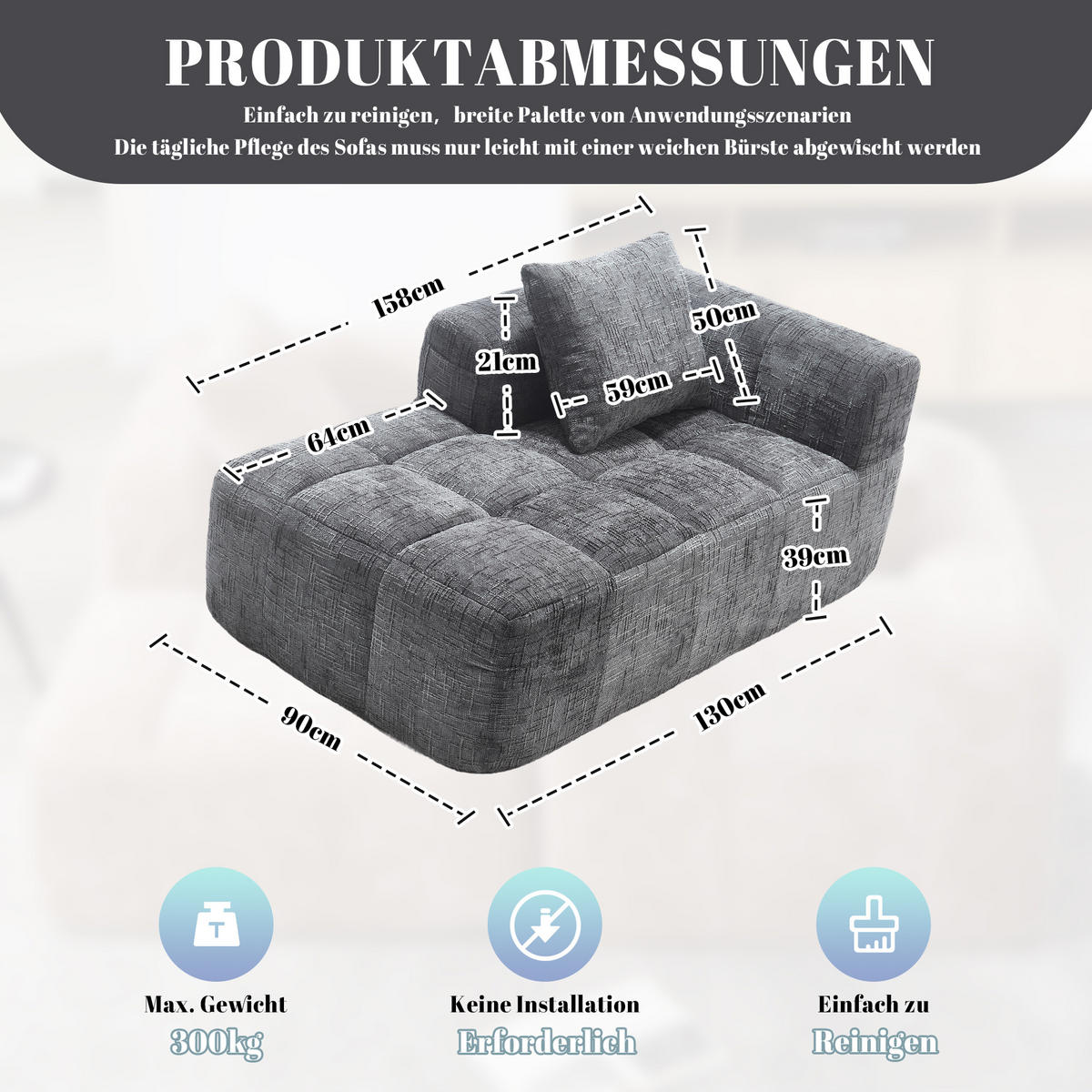 CHAISELONGUE Sofa Chenille mit Seitentaschen und Kissen 158/90/60 cm Grau - Grau, Textil (60/158/90cm) - Redom