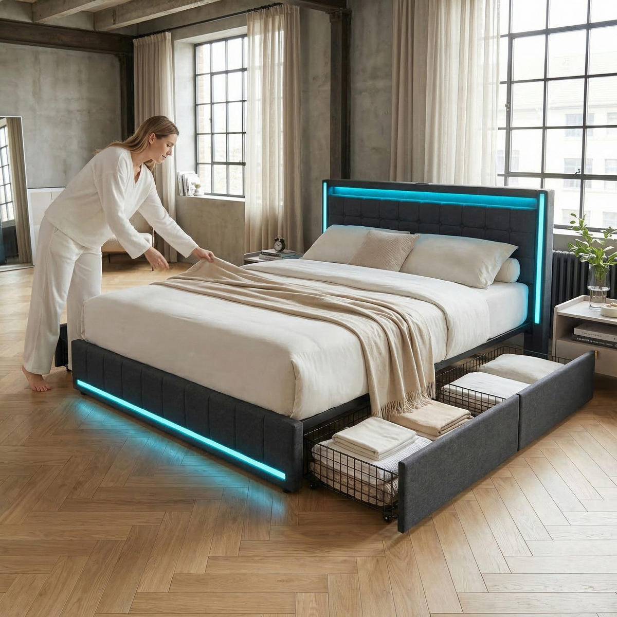 POLSTERBETT 140/200 cm dunkelgrau mit Schubladen, LED und USB - Grau, Holz - SHOPENTRA