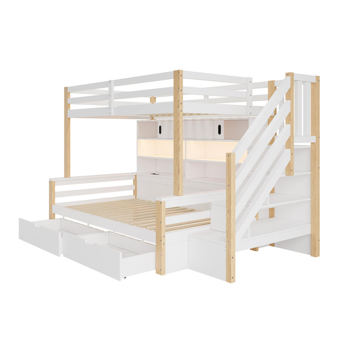 ETAGENBETT 90/200 cm mit Stauraumtreppe und Schiebetüren, DE-41822, in Weiß - Weiß, Holz (90/200cm) - ComfortXL