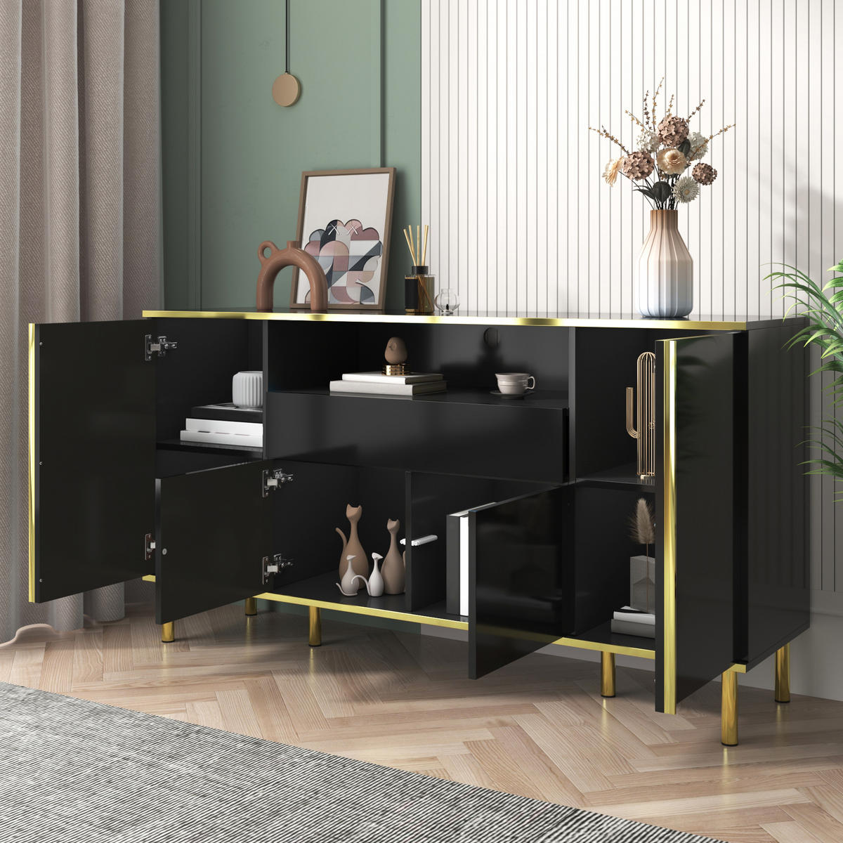 SIDEBOARD 150x40x80cm Schwarz Hochglanz Mit 1 Schublade - Schwarz, Holzwerkstoff (40/80/150cm) - FLIEKS