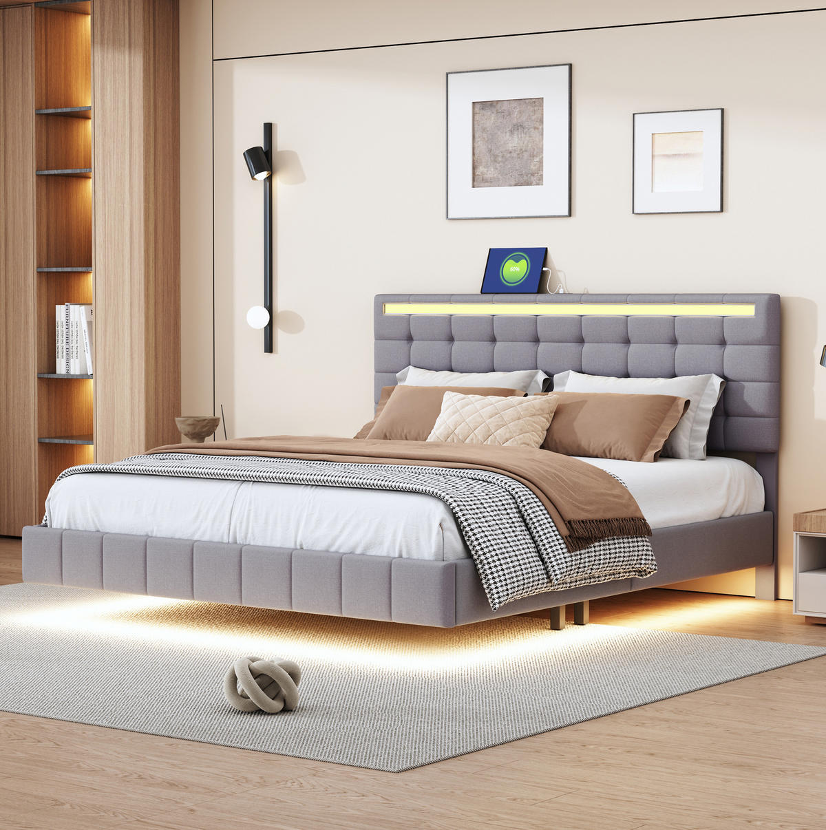 POLSTERBETT 160/200 cm mit LED-Beleuchtung und schwebender Optik, Beige - Grau, Textil (160/200cm) - Redom