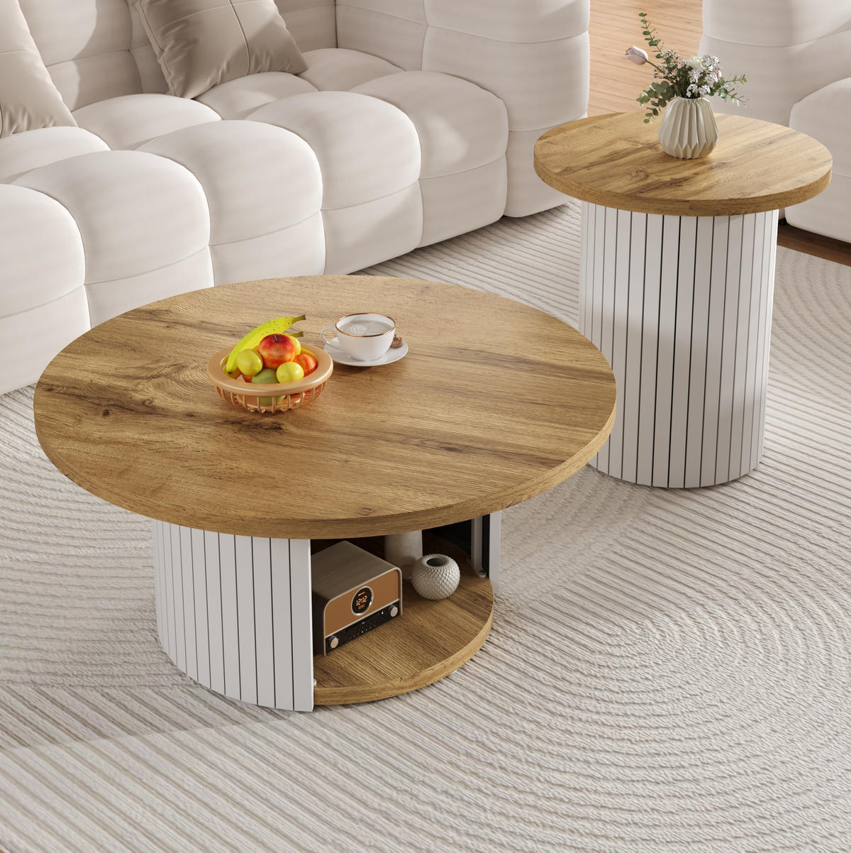 KONFERENČNÍ stolek 75/75/50 cm přírodní z MDF se sadou 2 kulatých stolků - přírodní, kompozitní dřevo (75/75/35cm) - OKWISH