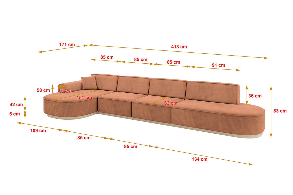 ECKSOFA Ottomane Links MARI-L3-v1 - 413x171x83 cm Orange Velours - Orange, Holzwerkstoff/Textil (413/171cm) - ALTDECOR